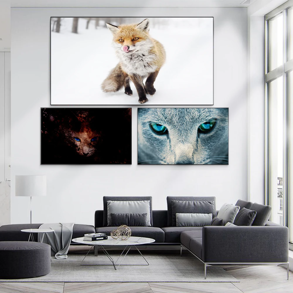 

Animal oil painting blue eye fox snow ground yellow fox art canvas painting office living room corridor home decoration mural