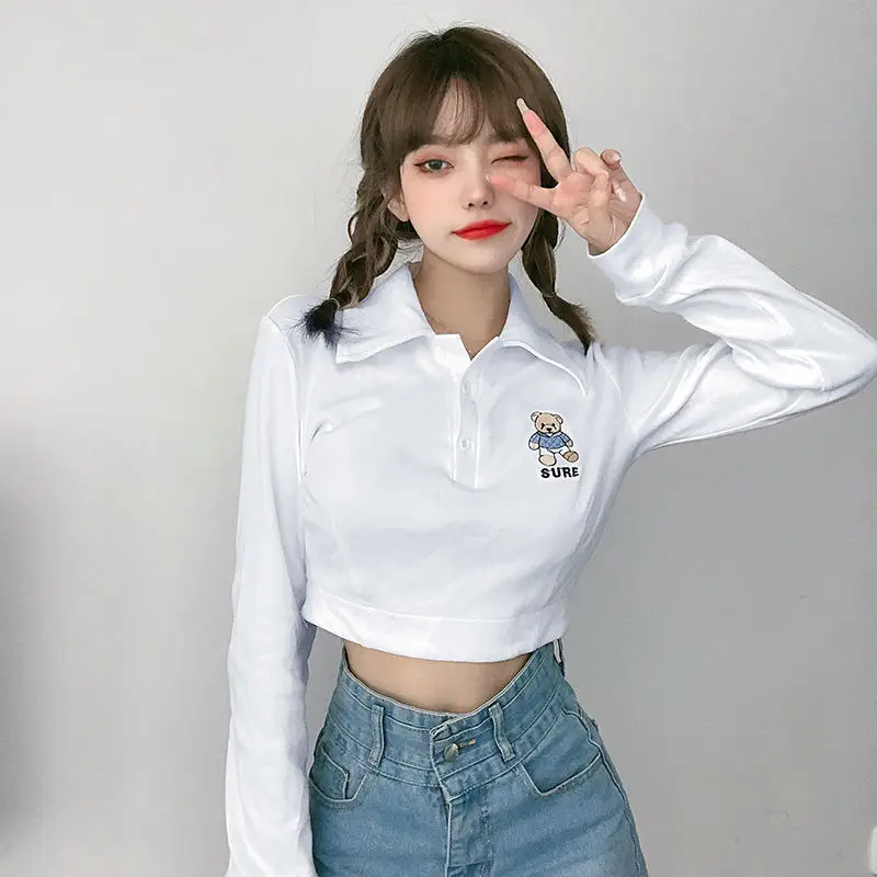 Милые рубашки поло с вышивкой медведя женские корейские облегающие белые кроп топы школьный топ для девочек