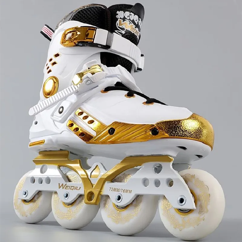 WEIQIU 4 Wheels Figure Inline Skates Slalom Sneaker with 3 wheels Transfer Base 4X80mm / 3X110mm Speed Roller Shoes White Gold | Спорт и