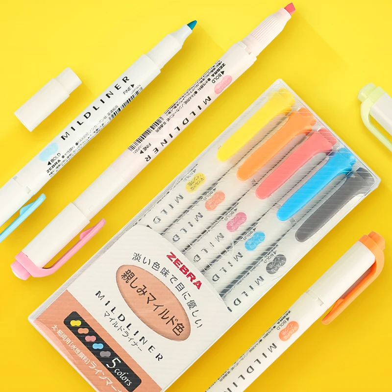 Top Branded Zebra MildLiner Highlighter Marker Double Sided Round Toe/Oblique WKT7 3/5 Colors Absorted Office and School Supply|office school|office