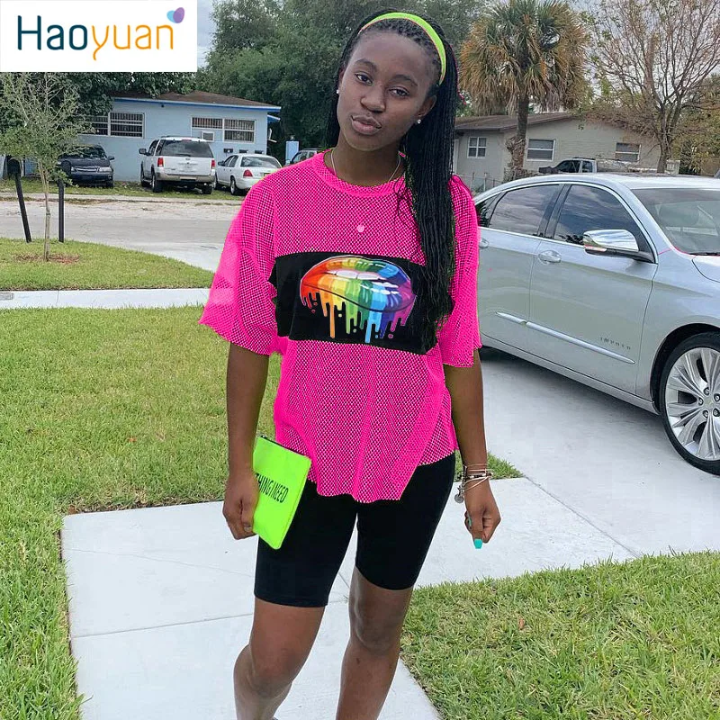 

Two Piece Set Women Festival Clothes Club Outfits Lips Neon Fishnet Mesh Sheer Top+Biker Shorts Sexy Matching Sets