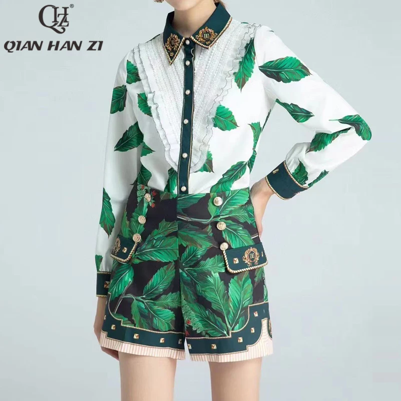 Qian Han Zi fashion office Women summer 2-piece set pleated ruffled long sleeve shirt+retro Button Green Leaf Print Shorts Suit