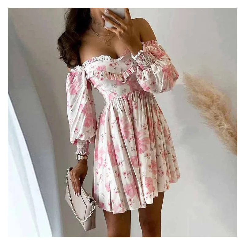 

Summer Fashion Floral Print Elegant Sexy One-shoulder Long-sleeved Skirt Autumn Party Club Womens Mini Dress Plus Size