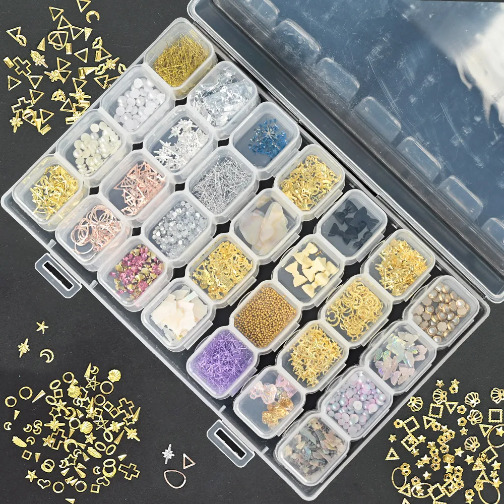 

28 Shapes Metal Stud Decors Box Set Nail Art Holographic Sequins Kit 3D Japanese Style Gold Nail Art Charms Mixed 28type &*&