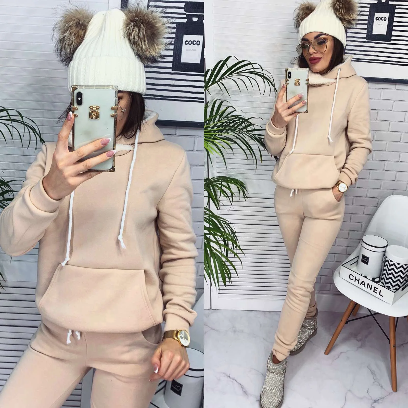 

2021 autumn winter new women's Hooded Sweater Set two-piece set