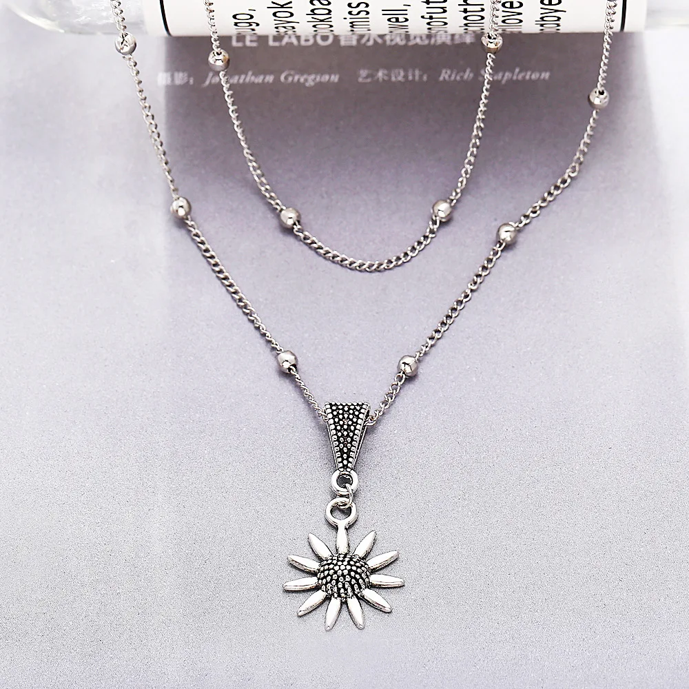 Изысканные винтажные серебристого цвета подвески подсолнуха на шею для женщин Женская многослойная цепочка шокер Хип-хоп вечеринка Ювелирные изделия.