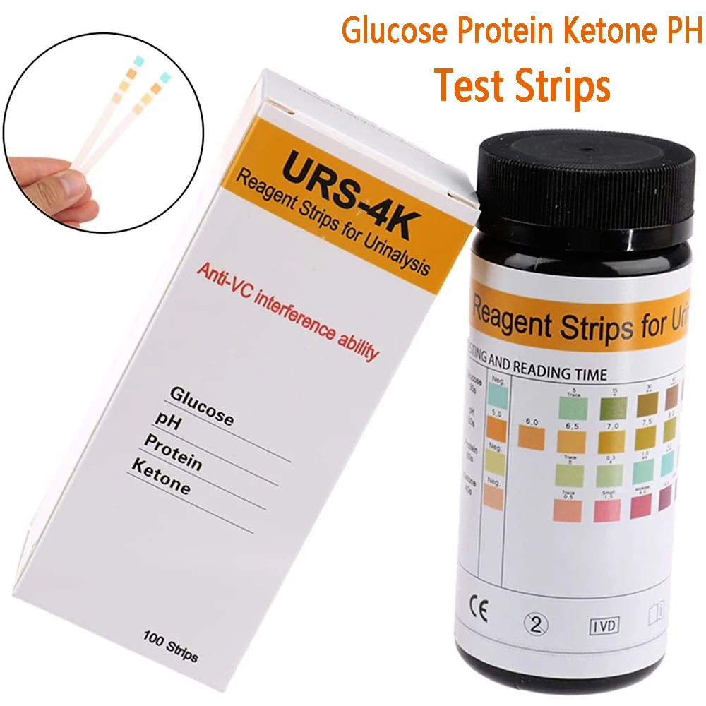 100Pcs URS-4K Glucose pH Protein Ketone Test Strips Blood Urine Test Paper Reagent Strip For Urinalysis With Anti-VC Ability