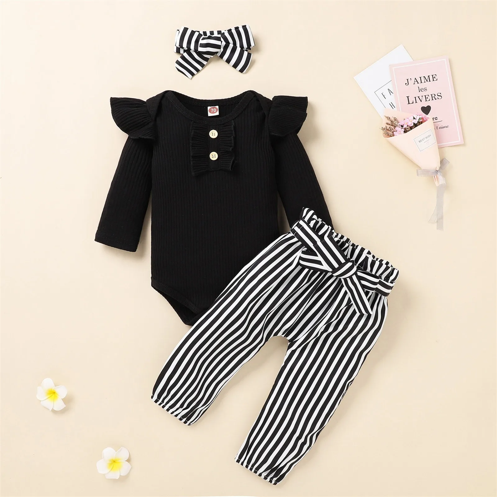 3pcs Newborn Baby Girls Clothes Ribbed Bodysuit +Striped Pants +Headband Sets Baby Outfits Winter Girl Clothing 3 6 12 18 Months