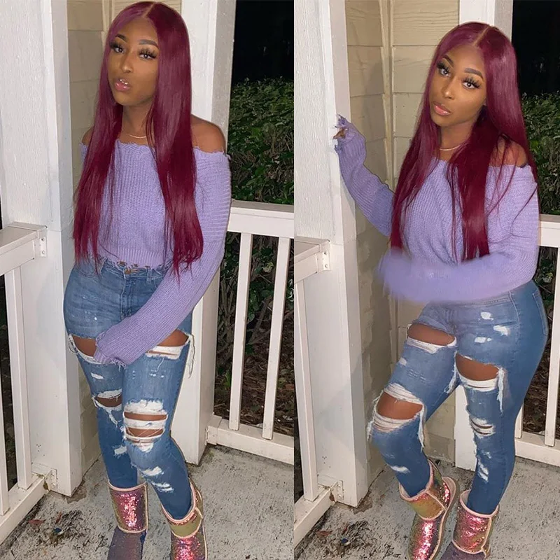 

Pinshair Burgundy Lace Front Human Hair Wig 99J Red Brazilian Straight Hair 13*1 Lace Part Wigs 180% Pre Plucked Remy Human Hair