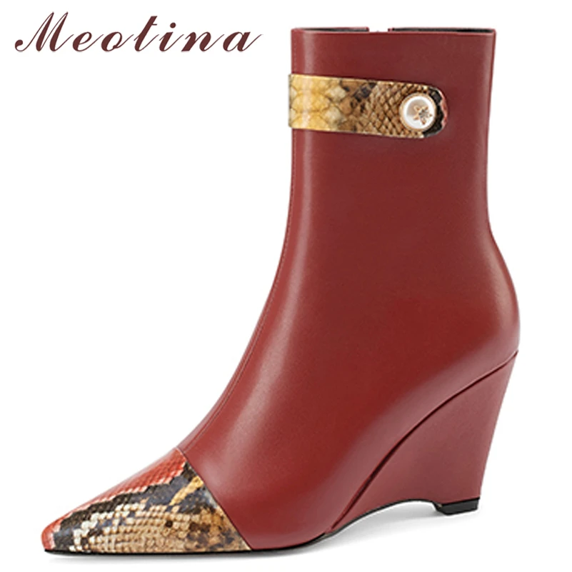 

Meotina Women Shoes Genuine Leather Ankle Boots Wedges High Heel Short Boots Pointed Toe Zipper Ladies Boots Autumn Winter Nude