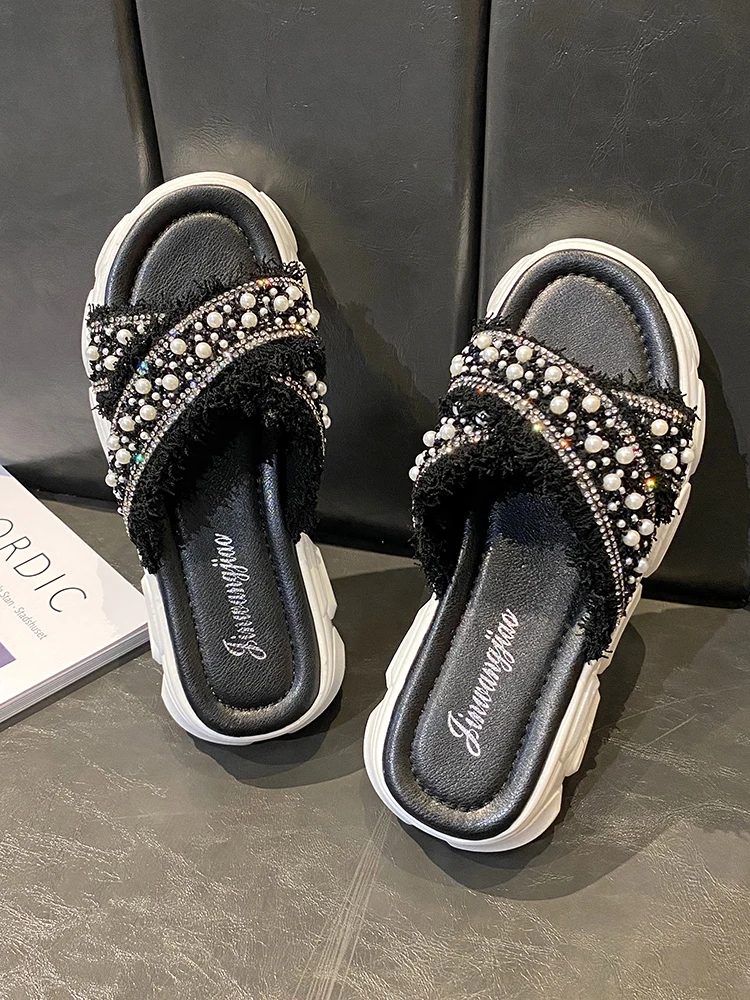 

Female Shoes On A Wedge Womens Slippers Outdoor Luxury Slides String Bead Loafers Platform 2021 Designer Flat Summer Fabric Rubb