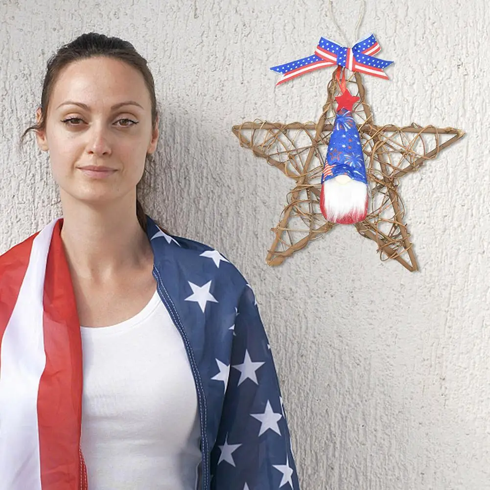 

Independence Day Rattan Hanging Ornament Faceless Doll Star Pendant Door Sign Window Wall Decor Home Decoration