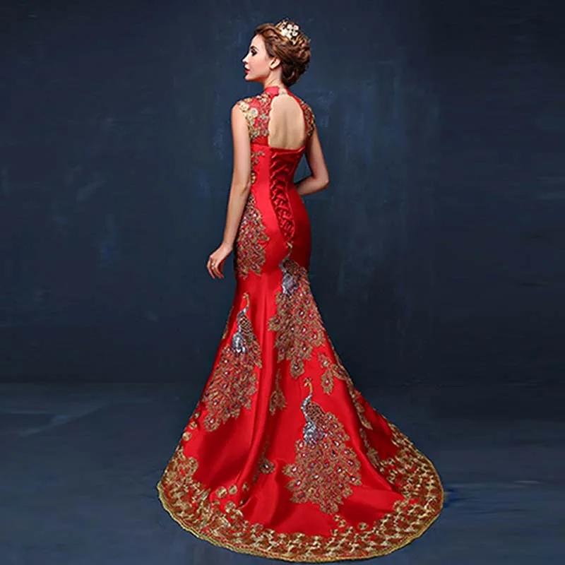 Синий класса люкс с вышивкой в китайском стиле вечернее платье Cheongsam свадебное