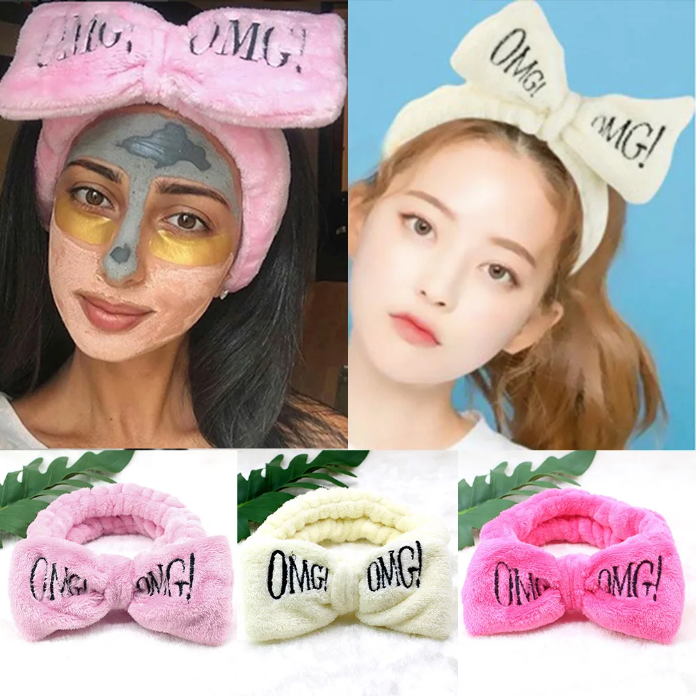 

Colorful Women Bow Hair Band Fashion OMG Letters Wash Face Headband Girls Headwear Hairbands Coral Fleece Hair Accessorie
