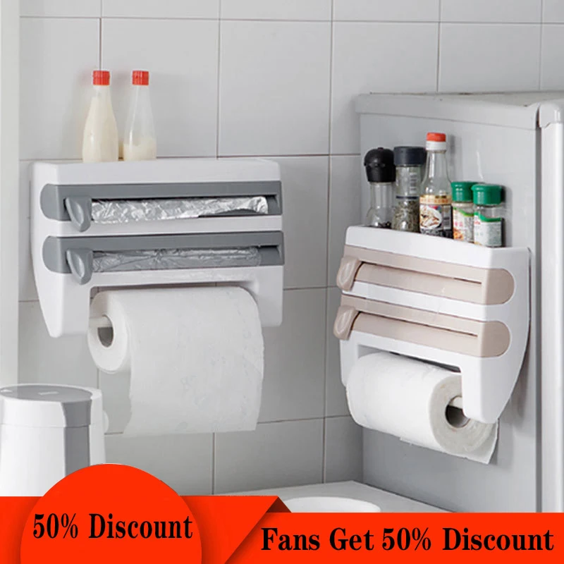 

Multifunction Kitchen Organizer Wall-mounted Tin Foil Storage Rack Preservative Film Dispenser Sauce Roll Paper Storage Box