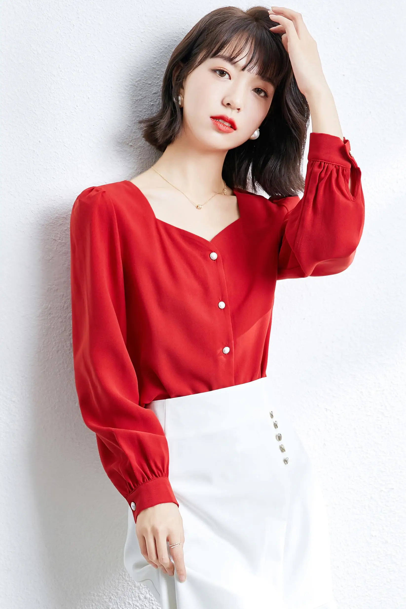 

Houthion New Long Sleeve Women Blouse Solid Color Square Collar Chiffon Top Slim Fashion Blouses Comfortable Casual Shirt