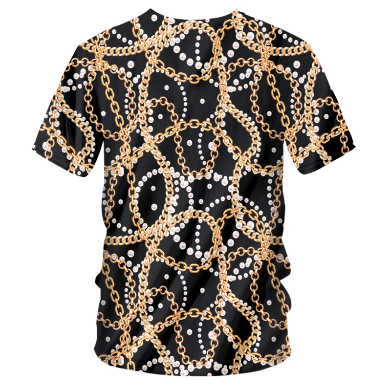 OGKB New V-neck T-shirt Golden Pearl Chain 3d Print Casual And Suitable Baroque Luxury Cool Streetwear Cool Short Sleeve Shirts