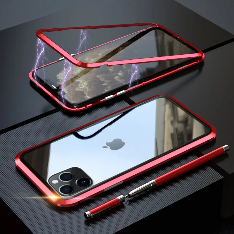 360 металлический чехол для iPhone 6, 7, 8 Plus, X, XR, XS MAX, чехол на магните, роскошный противоударный чехол из закаленного стекла для iPhone 11 Pro Max, чехол - Цвет: Red
