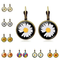 sunflower dangle earrings geometric round glass flower hoop earrings retro crystal daisy earrings hook jewelry for women girls