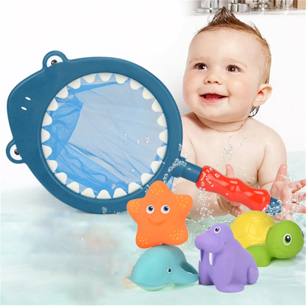 

Bath Toys Fishing Games with Fish Net BPA Squirt Fishes Tortoise Water Table Pool Bath Time Bathtub Toy for Toddlers Baby Kids I