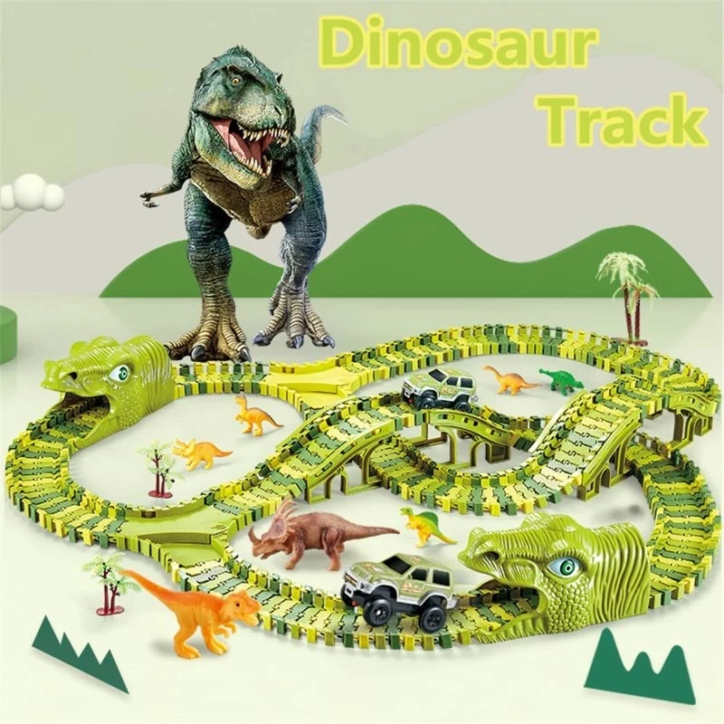 

Hot Dinosaur Toys Car Track Racing Track Set Educational Bend Flexible Race Track Railway Flash Light Car Model Kids Toys Gifts