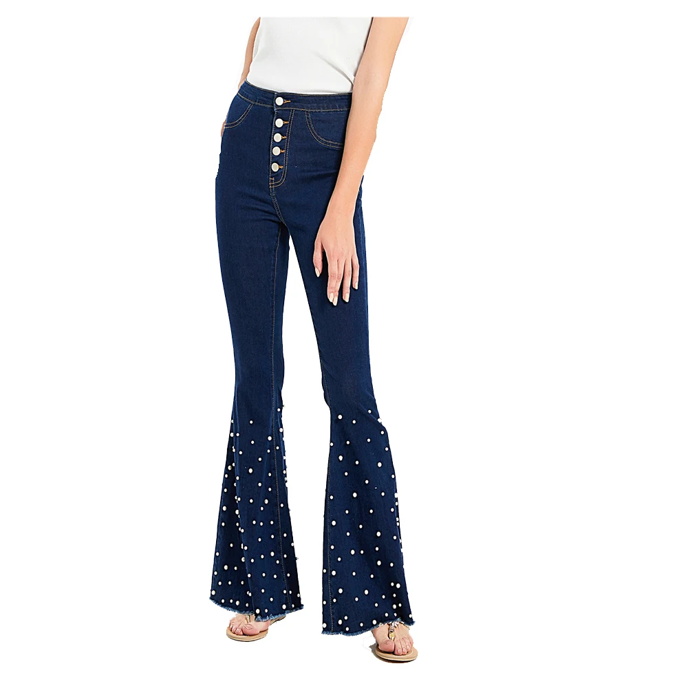

Wide Leg Jeans Pants Women Casual Loose High Waist Stretch DenimPearls Beading Trousers Fashion Solid Straight Flare FS1211