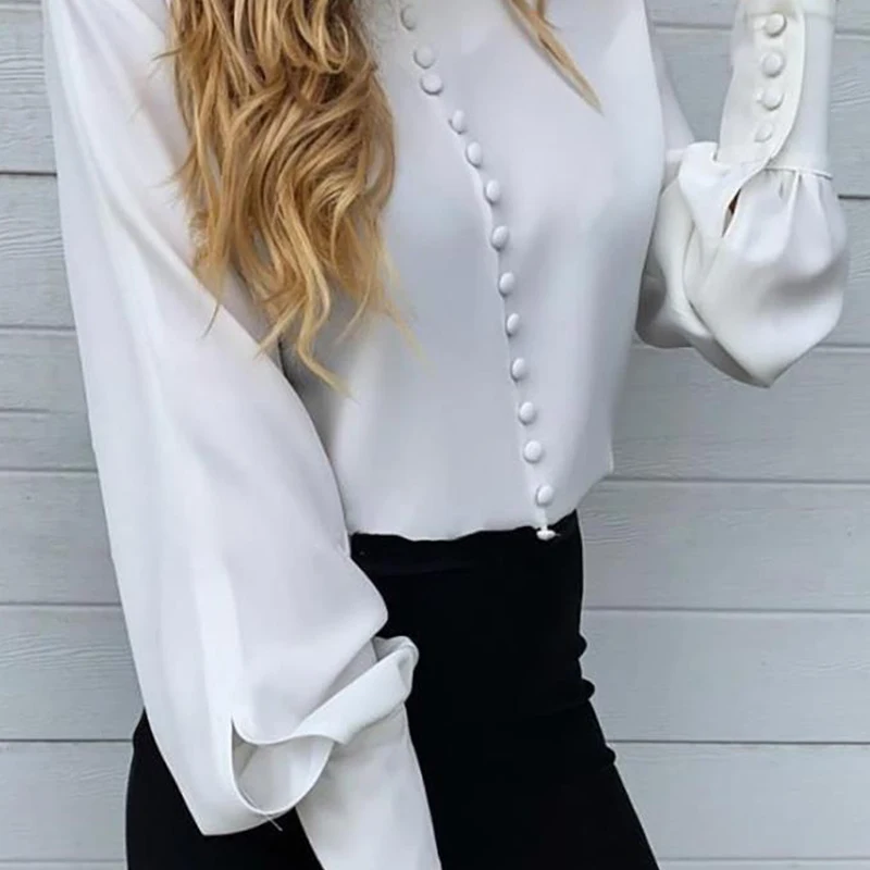 

Longues Manches Lanterne Blanc Femmes Chemises Minces 2021 D'ete O cou Serre Manchette Simple Boutonnage Chemise Bureau Dame