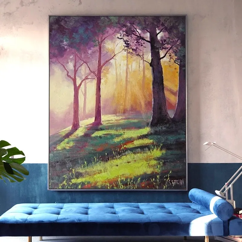 100% ручной Краски светодиодный Ландшафтный дерево солнечное масло на холсте