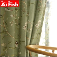 american country garden cotton linen green window curtains for living room birds printed bedroom window blackout drapes wp145 40