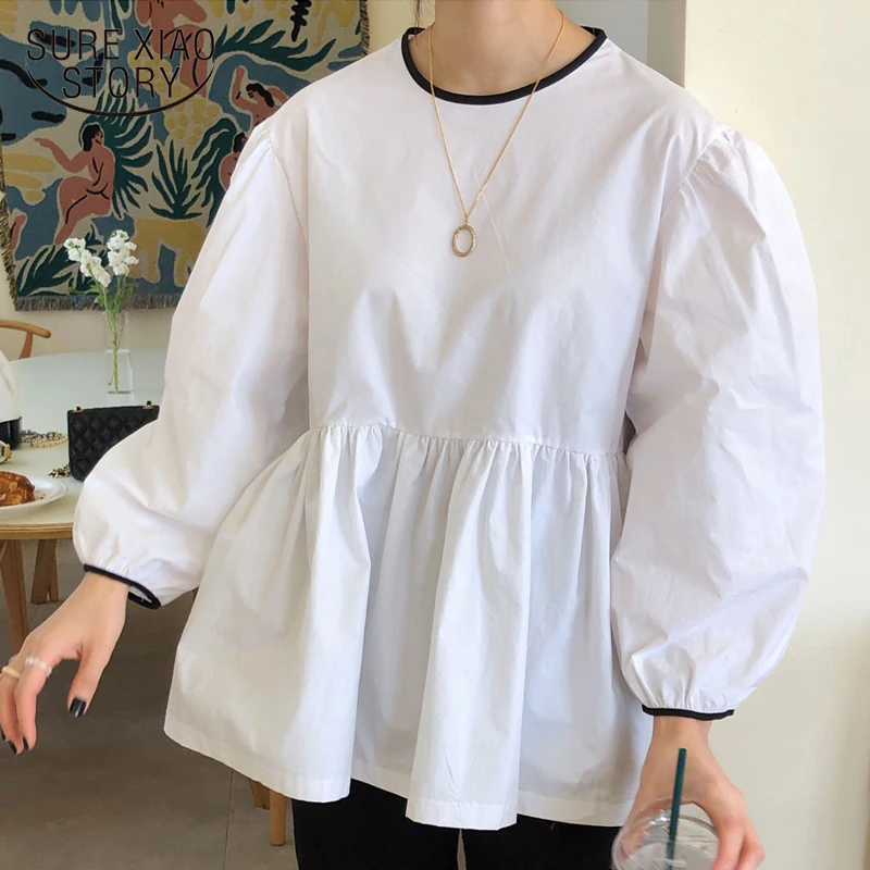 

Women Doll Shirt Causal Puff Long Sleeve Hit Color O-neck Blouse 2023 Autumn New Korean Sweet Top Blusas Feminimos White 15333