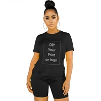 diy your like photo or logo two piece women clothing crew neck t shirt and tight fitting shorts tracksuit outfit sport sets