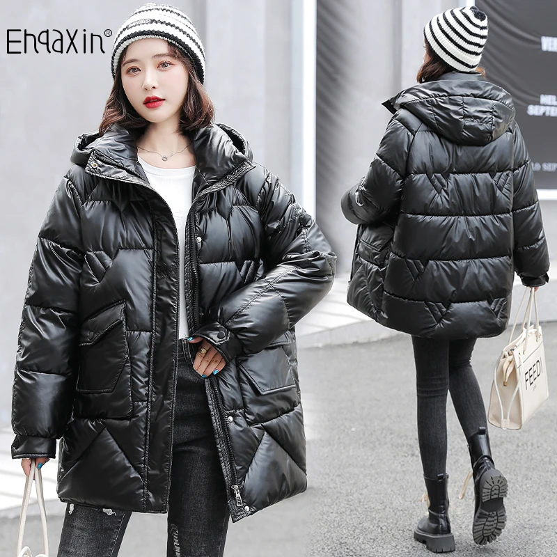 

EHQAXIN Women's Down Jacket Fashionable Warm Hooded Down Cotton Jackets Mid-Length Thickened Shiny Loose With Pocket Coats M-2XL