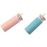 2 pcs 500ml glass water bottle straw silicone protective sleeve lid heat resistant glass apricot fruit green