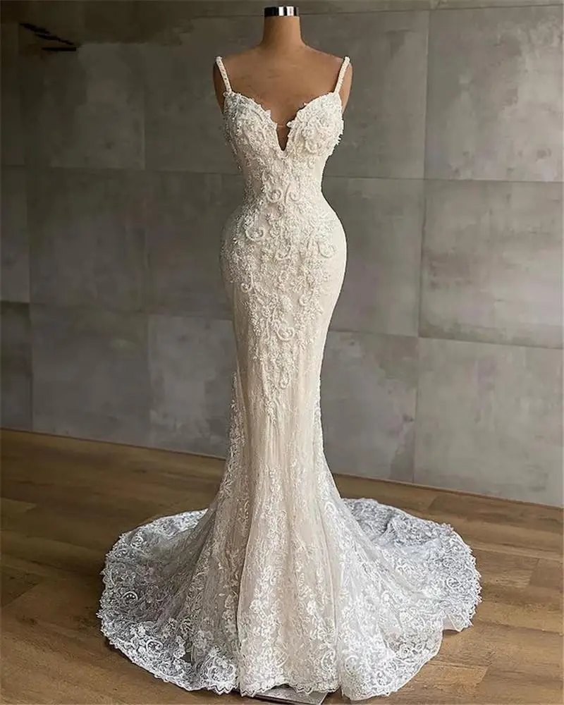 

Sexy Spaghetti Strap Mermaid Wedding Gowns Full Lace Plus Size Garden Country Bridal Party Dresses Robe De Marriage