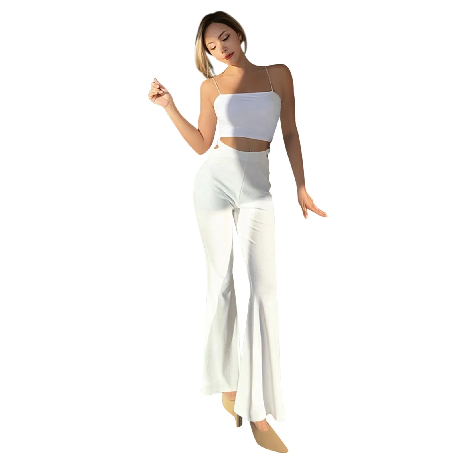 Женские ажурные расклешенные брюки однотонные элегантные пикантные стрейч с широкими штанинами офисные