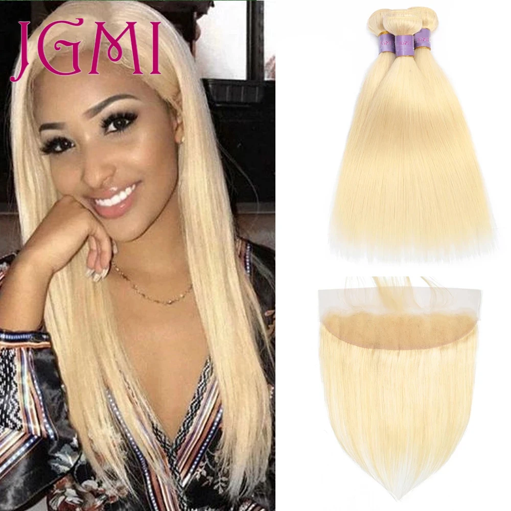 

613 Honey Blonde Straight Human Hair Bundles With Frontal Transparent 13x4 Lace Remy Virgin for Women