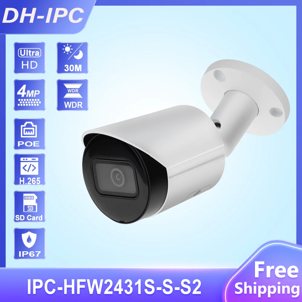 

Dahua Original IPC-HFW2431S-S 4MP HD POE SD Card Slot H.265 IP67 IK10 30M IR Starlight IVS WDR Upgradeable Mini Bullet IP Camera