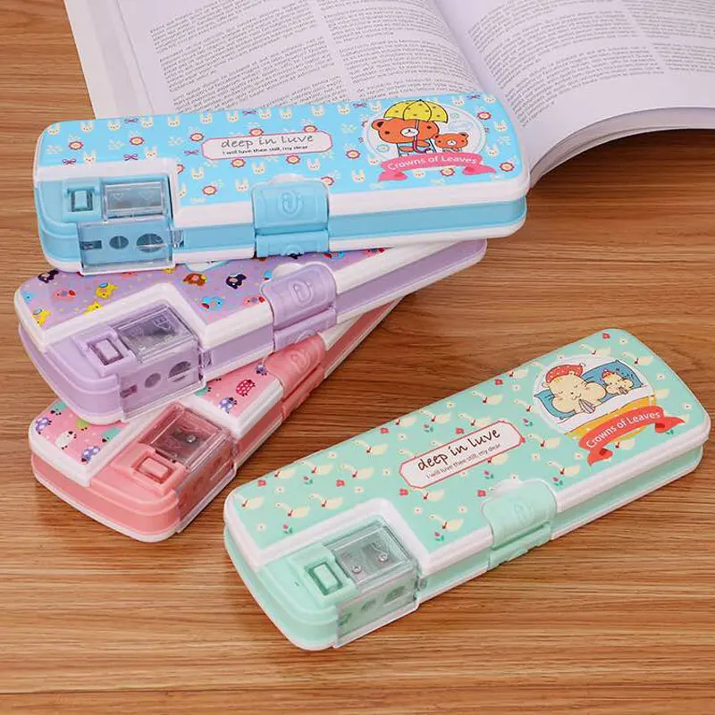 

Creative multifunctional pencil case with two double-layer pencil cases with sharpeners for school childrenâ€™s stationery