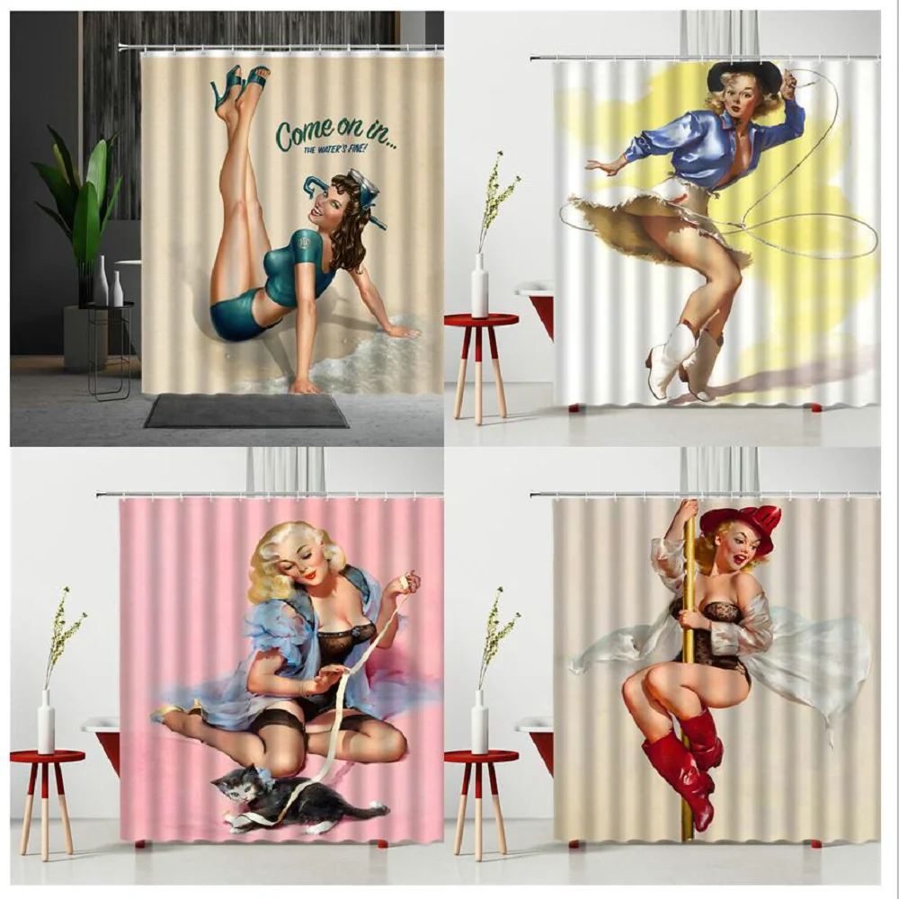 

Sexy Woman Shower Curtains with Hooks Retro American Style Lady Waterproof Bath Screen Multiple Size Washable Bathroom Decor