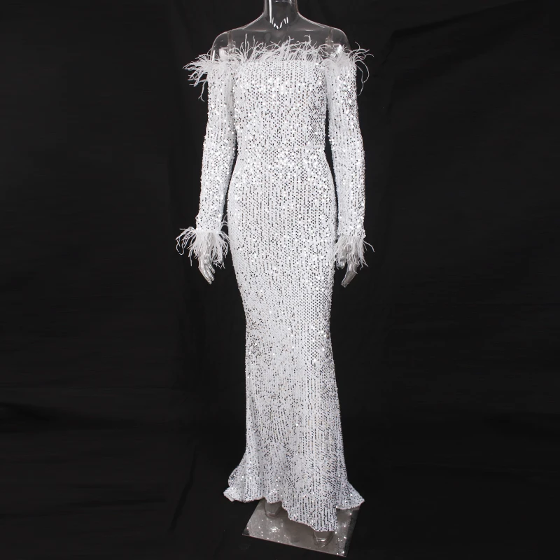 Шикарное блестящее белое вечернее платье с блестками и перьями Вельветовое