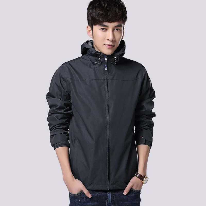 

Men hooded jacket spring and autumn thin outdoor mountaineering quick-drying windbreaker solid color zipper casual sports coat