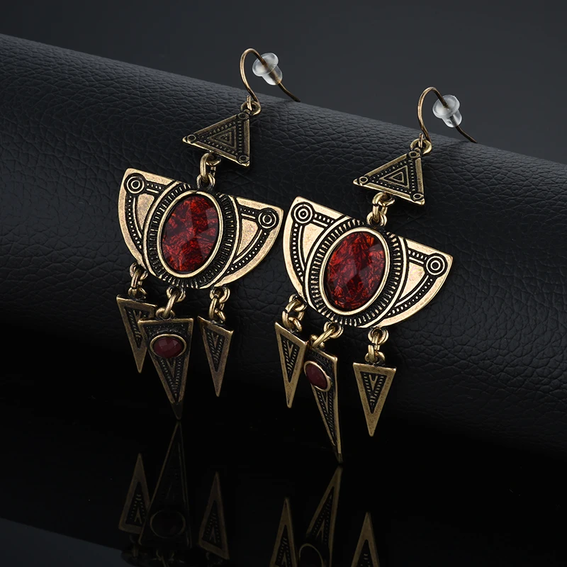 

Retro Fashion Tassel Earrings Long Big Hanging Luxury Vintage Big Black Drop Earrings With Red Stone For Women