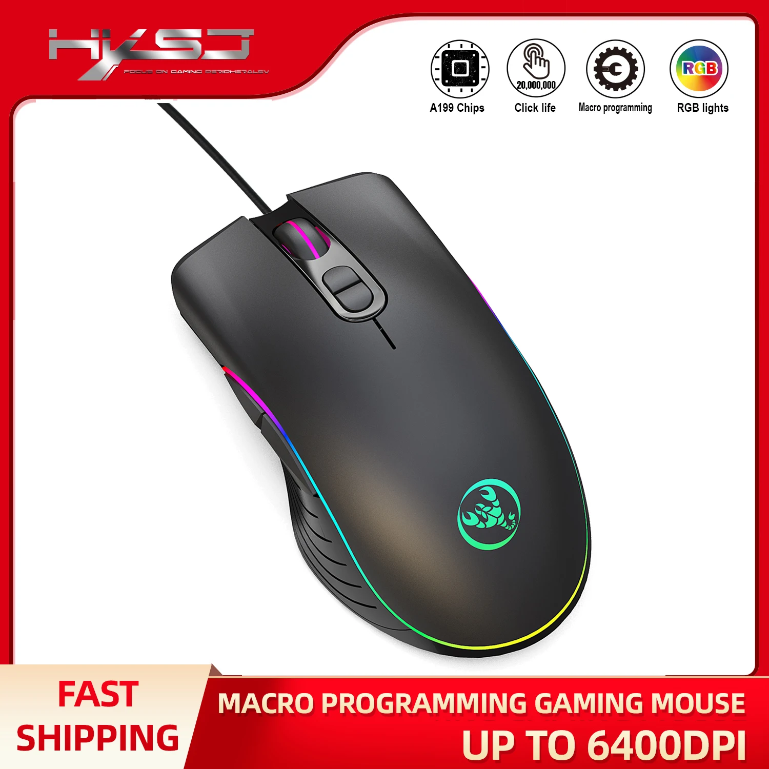 

Wired Mouse 6400 DPI 7 Buttons RGB Lighting ABS Material Frosted Feel Optical Mice Gaming Mouse For Desktop Computer Notebook