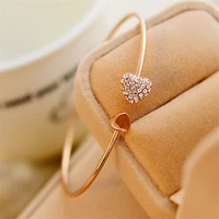 2021 hot korean fashion adjustable crystal bangle double heart bow bilezik cuff open bracelet women jewelry gift mujer pulseras