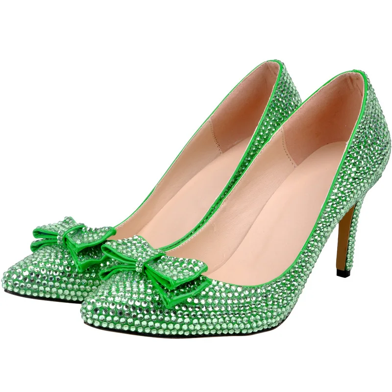 Sexy Pumps Wedding Women Fetish Shoes Pointed Toe Rhinestones Sequined Cloth 8CM Thin High heels Slip On Butterfly-knot Bling