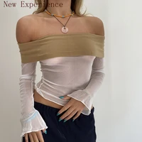 sexy off the shoulder mesh hollow blouse slim fit halter long sleeved summer beach top casual transparent red short t shirt