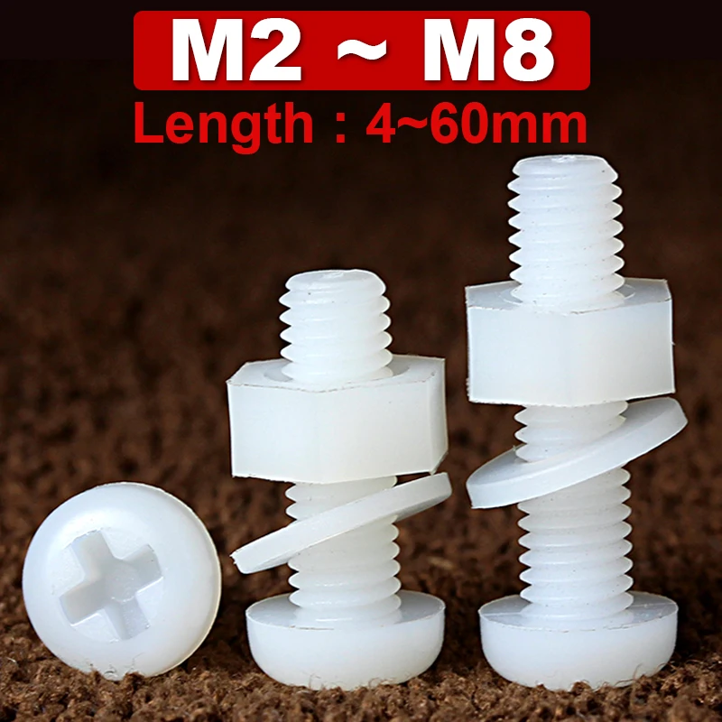 

Three-piece Combination White Nylon Screw Nut Washer Set Round Head Cross Bolt Plastic Insulated Screw M2 M2.5 M3 M4 M5 M6 M8