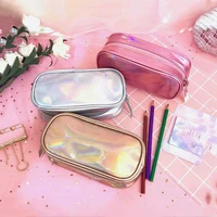 1pc cute laser pu pencil case for girls kawaii stationary papeleria large capacity pen holder cosmetics brushes storage bag gift