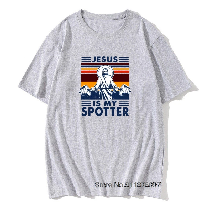 

Jesus Is My Spotter T Shirt Gym Workout Weightlifting God Christian Vintage Funny 100% Cotton Summer Tops Tees