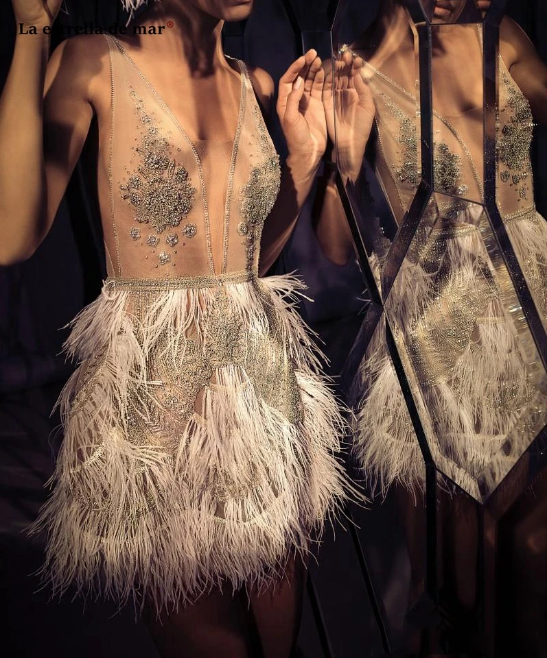 Vestidos de Soiree настоящая фотография Новое кружевное платье с бисером и перьями